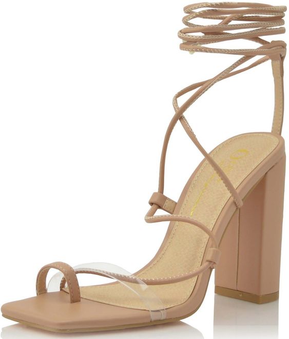 Darling Clear Strap Up Rectangle Heels | Nude