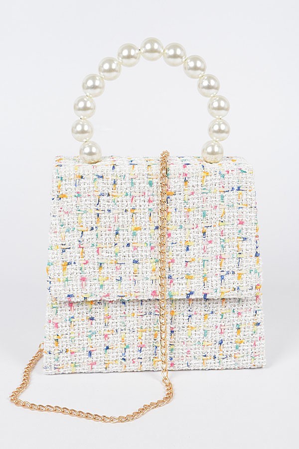 Style And Grace Tweed Pearl Clutch | White