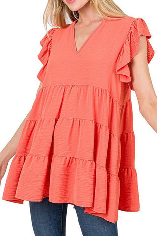 Lucy Ruffle Sleeve Blouse | Coral
